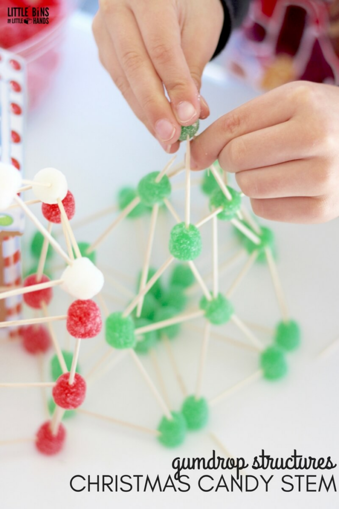 A structure built with gumdrops and toothpicks for a holiday-themed STEM activity. 