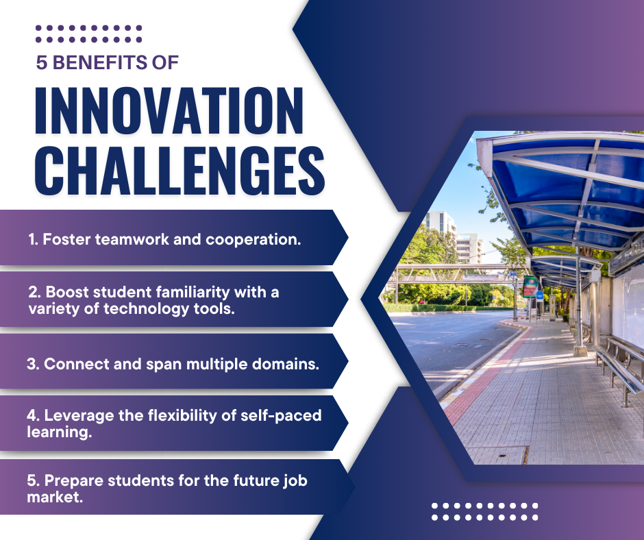 Colorful infographic with a picture of a bus stop and the 5 benefits of innovation challenges from the article.