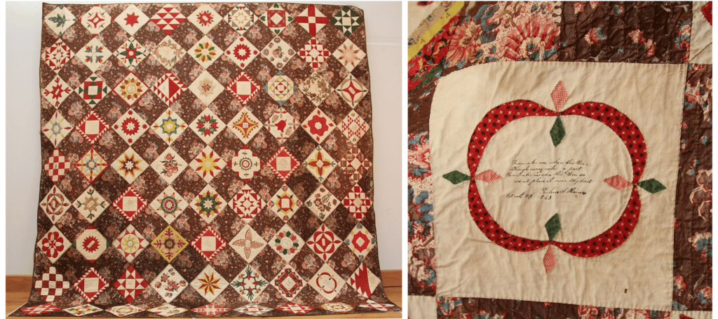 An 81 piece Quaker friendship quilt pictured on the left. On the right is a picture of one of the quilt blocks showing a hand-written message and signature.