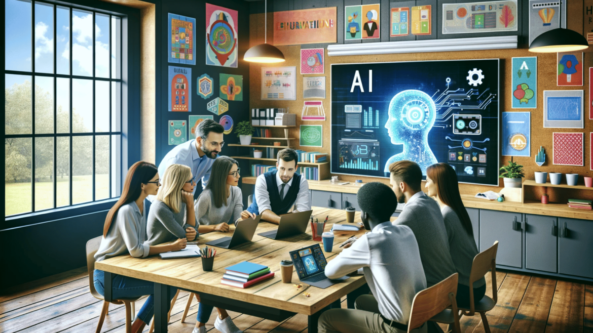 DALL·E 2024-01-29 12.05.46 – An image depicting a modern classroom scene where a group of diverse educators are collaboratively evaluating an AI educational tool. The setting is a Diverse group of educators discussing an AI tool on a laptop in a modern, colorful classroom