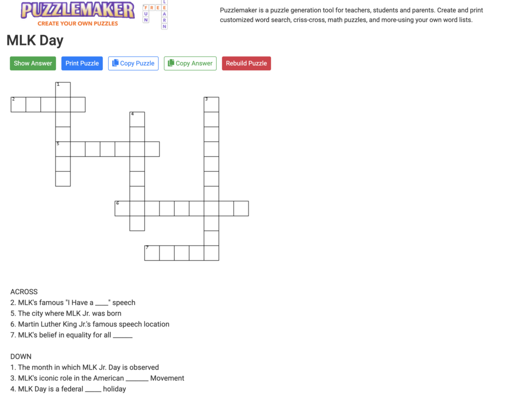 An example of the MLK Day crossword puzzle using Discovery Education.