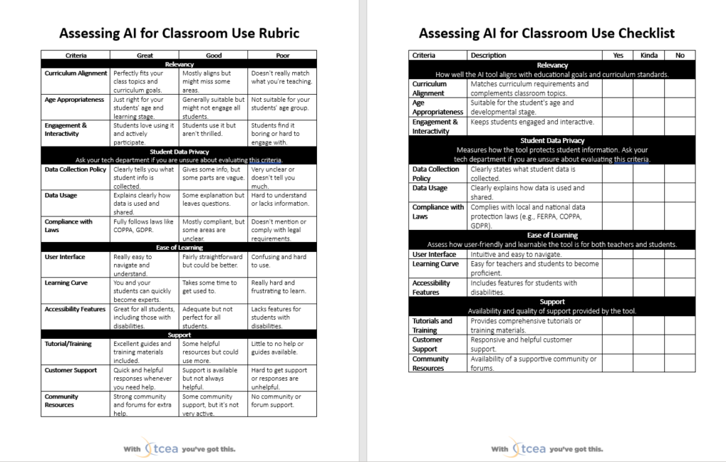 Two documents side by side for evaluating artificial intelligence tools in education. The left document is titled "Assessing AI for Classroom Use Rubric" with criteria rated as 'Great', 'Good', and 'Poor'. The right document is a checklist titled "Assessing AI for Classroom Use Checklist" with 'Yes', 'Kinda', and 'No' options for criteria assessment.
