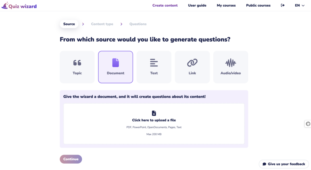 Quiz Wizard is an AI tool that lets teachers create formative assessments from topics, documents, texts, links, or audio/video.