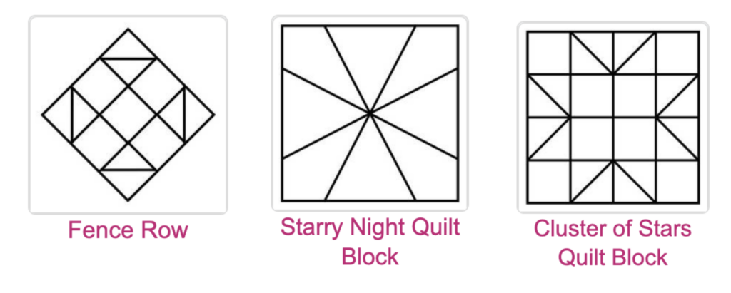 Three examples of quilt block patters that could be used for a friendship quilt.