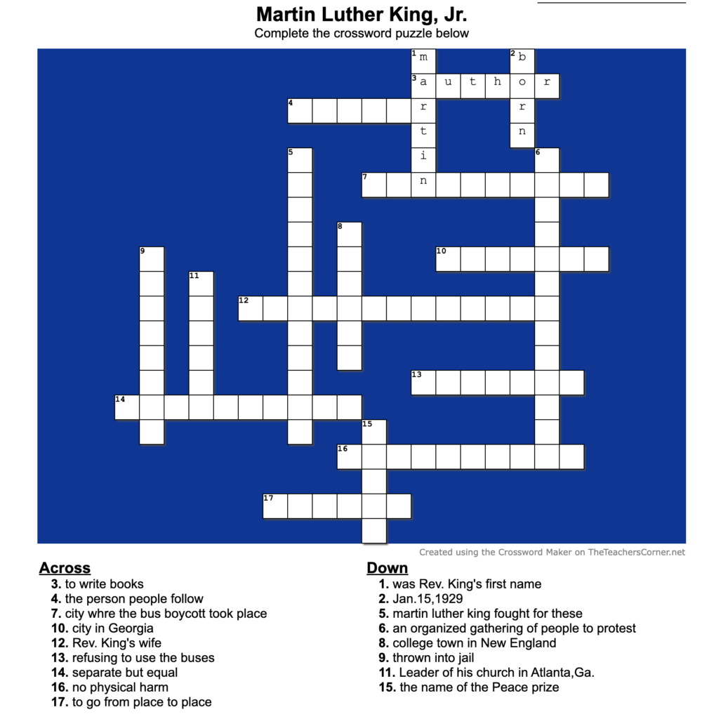 Pre-made MLK Day crossword puzzle from The Teacher's Corner crossword puzzle maker.