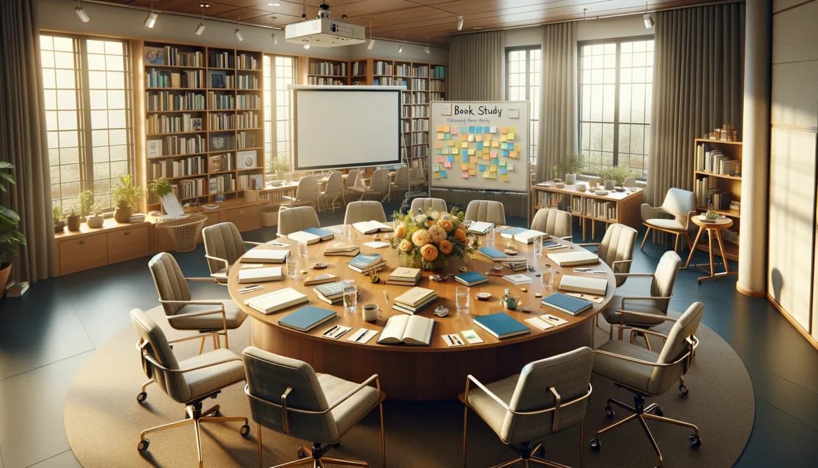 Professional meeting room arranged for a faculty book study with a round table, chairs, books, notepads, a whiteboard, and a projector screen.