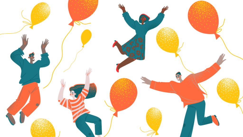 Colorful people leap through the air with yellow and orange balloons.