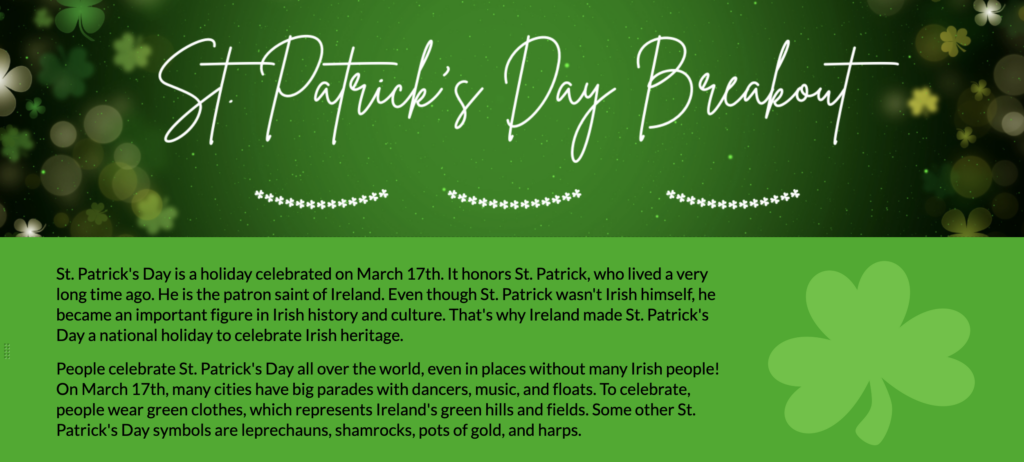 The header for the St. Patrick's Day digital breakout. 