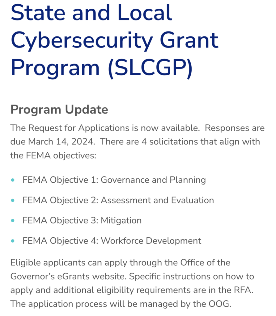 SLCGP Program Update outlining the four FEMA objectives that align with the program.