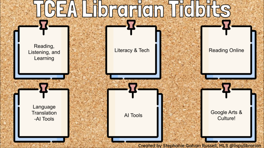 A bulletin board with graphic "sticky notes" linking to resources for librarians from TCEA 2024.