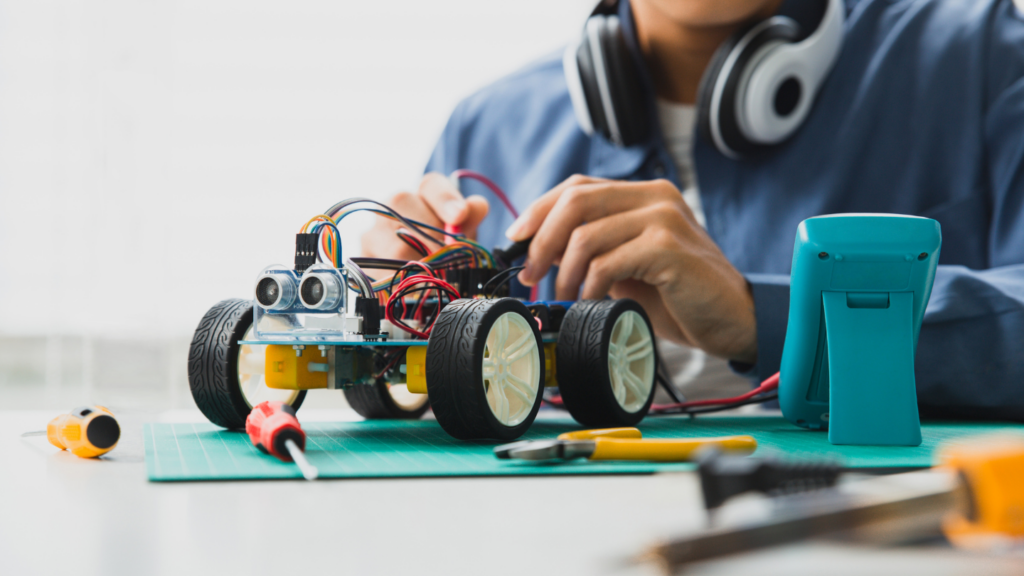 A student works on a robotics project in class. Technology can be a powerful tool in the hands of a skilled teacher, and creates a significant impact on student learning and success. 