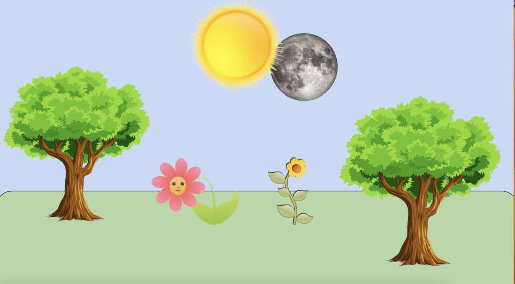 A landscape with trees and flowers frames the intersection of the sun and moon in a solar eclipse stop motion animation.
