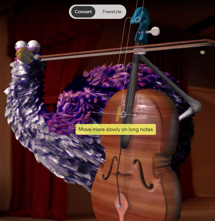 Google Arts & Culture offers a fun tool in Viola the Bird. Play a digital cello and follow the instructions to improve your sound.