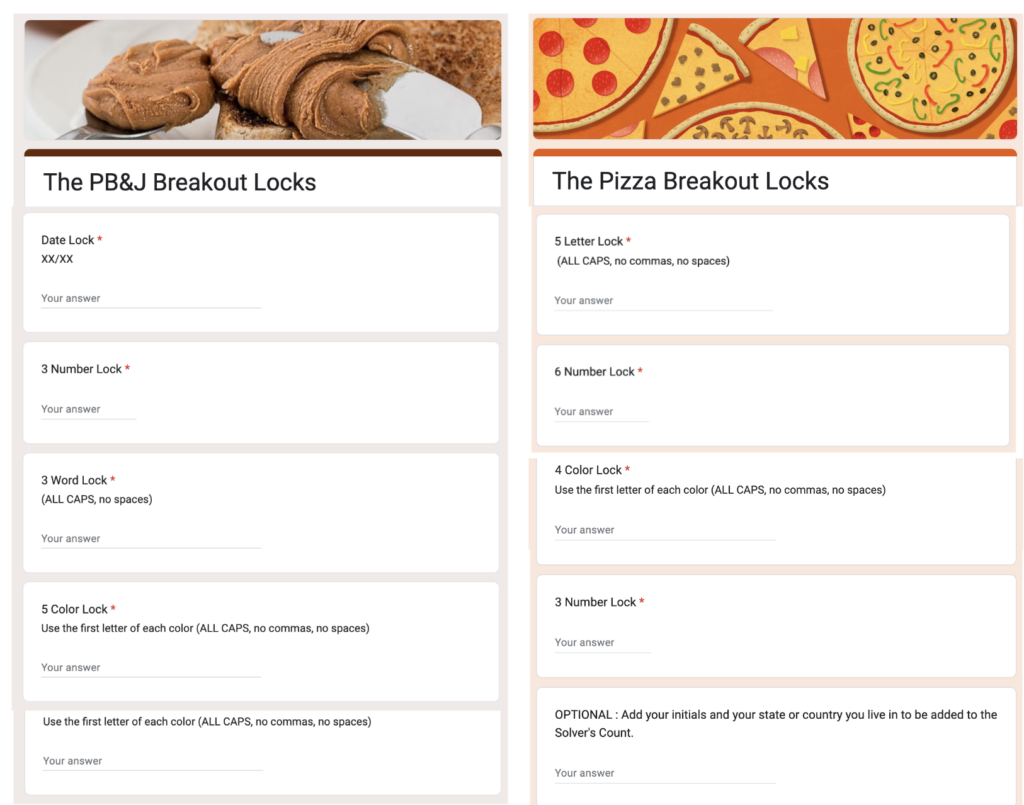 Example Google Forms for solving a digital breakout.