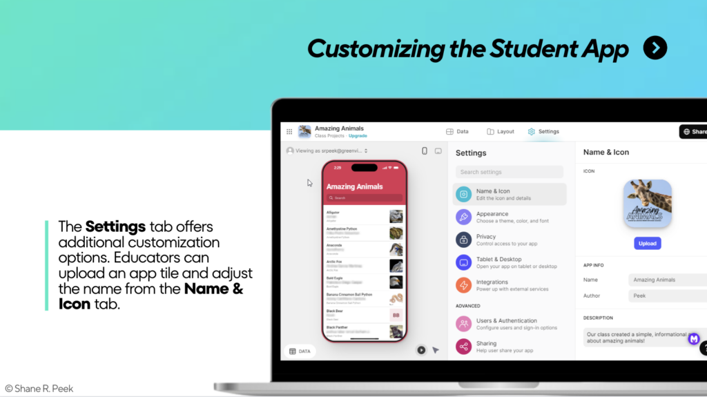 Slide outlining the Settings tab function when developing an app in Glide.