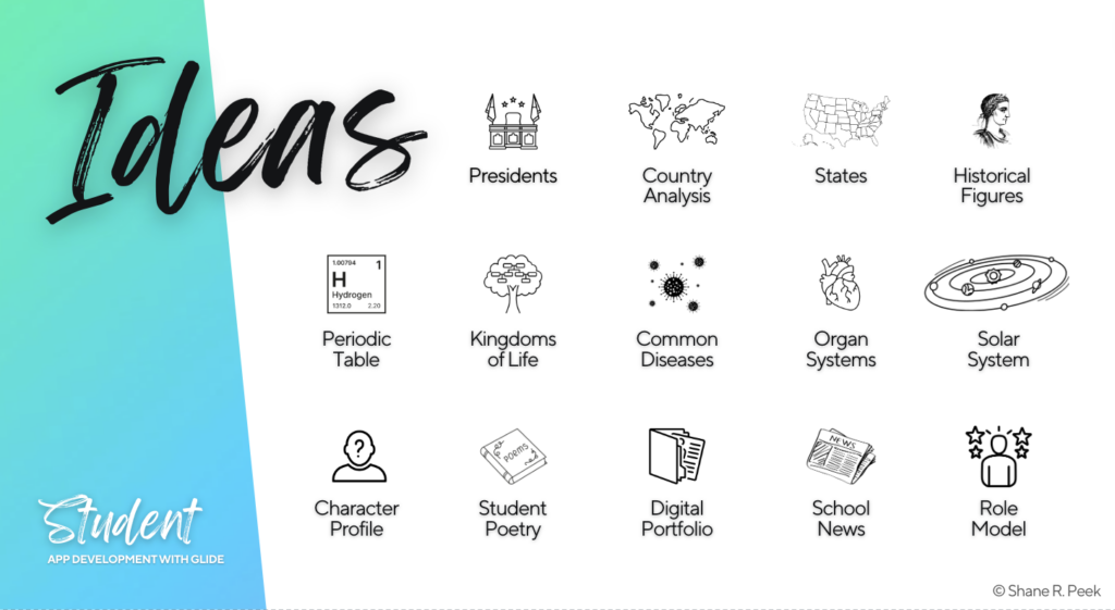 Slide with icons for student app development ideas using Glide.