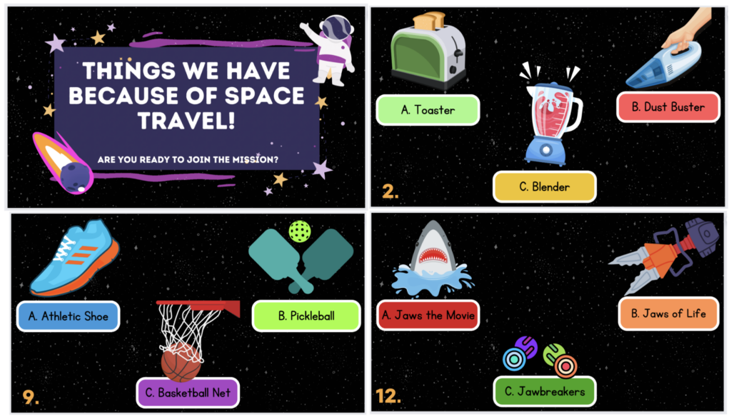 Trivia game for kids for National Astronaut Day on inventions we have thanks to space exploration. 