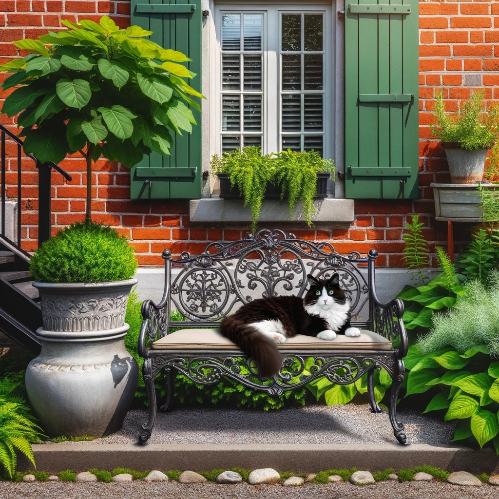 DALL-E generated image of a tuxedo cat perched on a bench. The bench sits on tops of a garden filled with gravel, with a paver rock barrier, in front of a brick house.