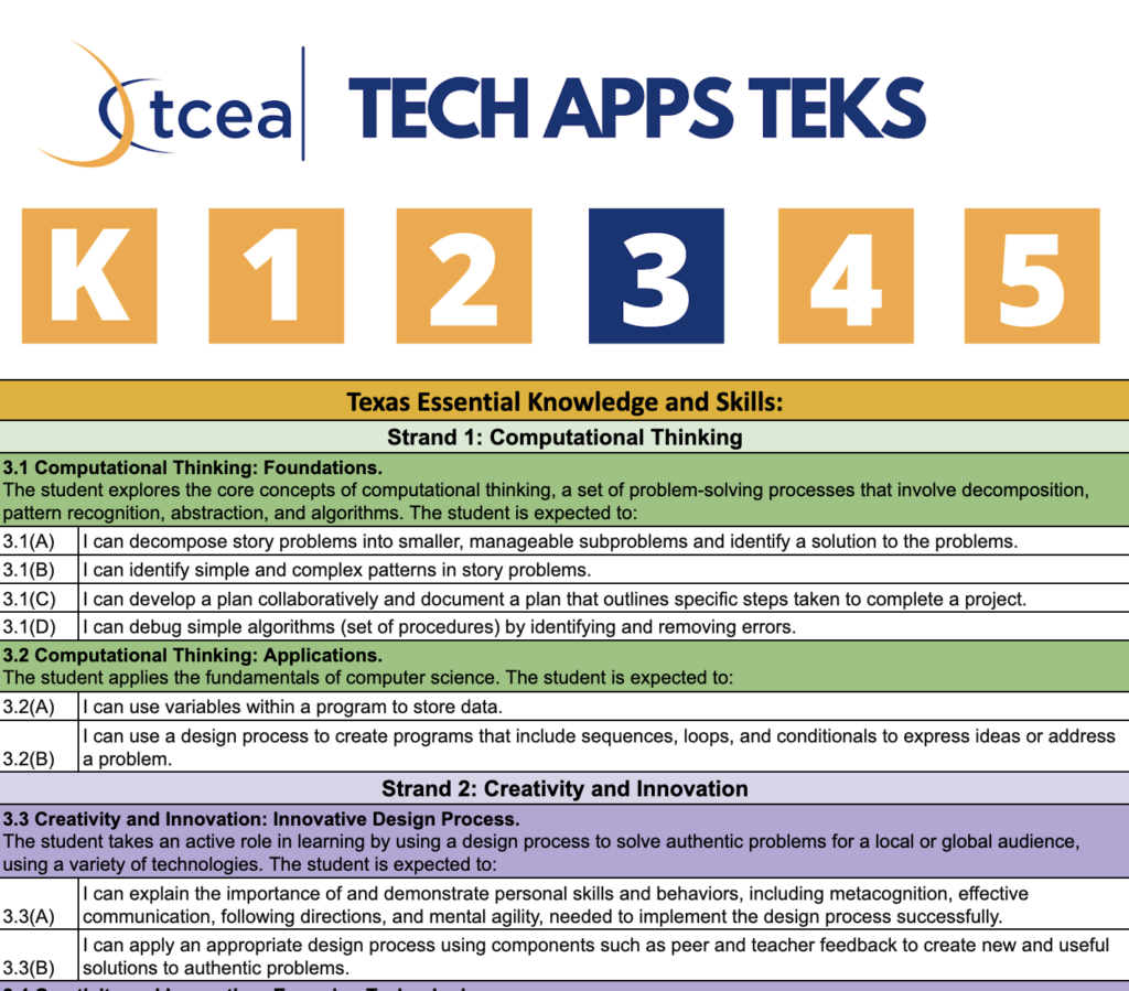 Grade 3 Technology Applications TEKS spreadsheet