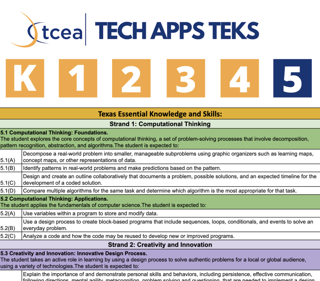 Grade 5 Technology Applications TEKS spreadsheet