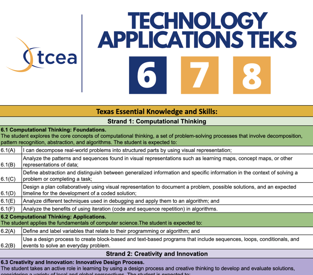 Grade 6 Technology Applications TEKS spreadsheet