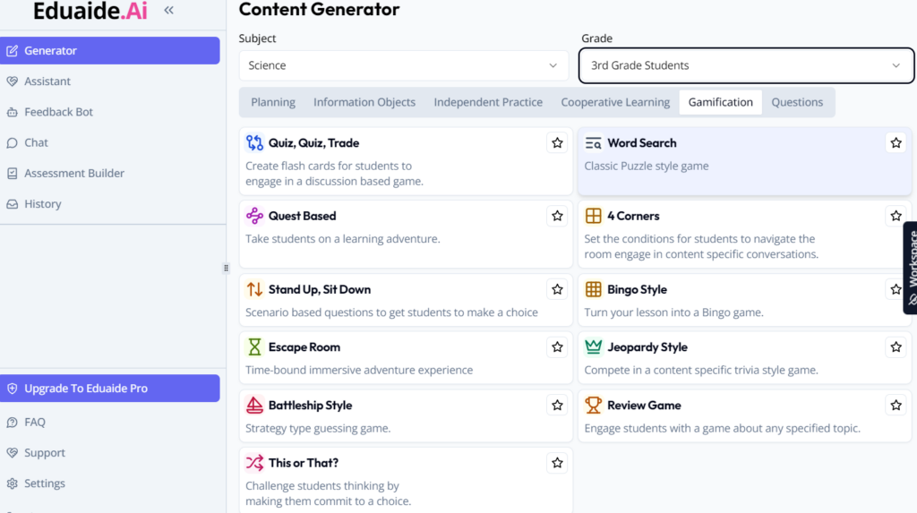 EduAide.ai's Content Generator for Gamification options