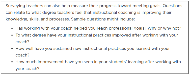 Image of sample survey questions that instructional coaches can ask teachers.