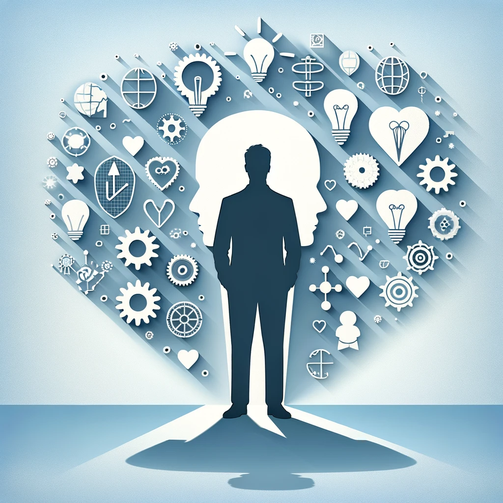 Illustration of a leader standing with a shadow composed of positive symbols like lightbulbs, gears, and hearts, with the heading Understanding Your Leadership Shadow.