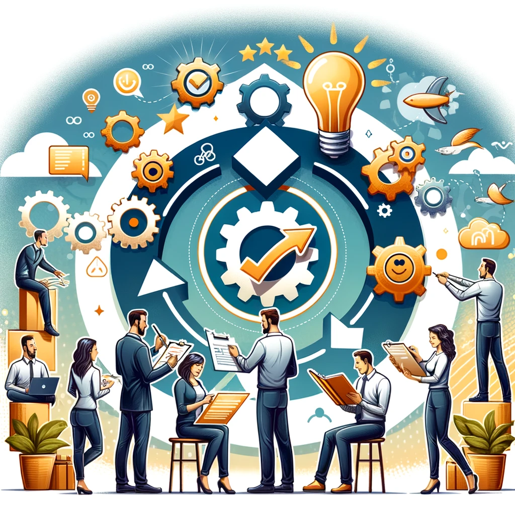 Illustration depicting continuous improvement and reflection, with a leader and team members engaged in brainstorming, reviewing progress, and setting goals, without any text.