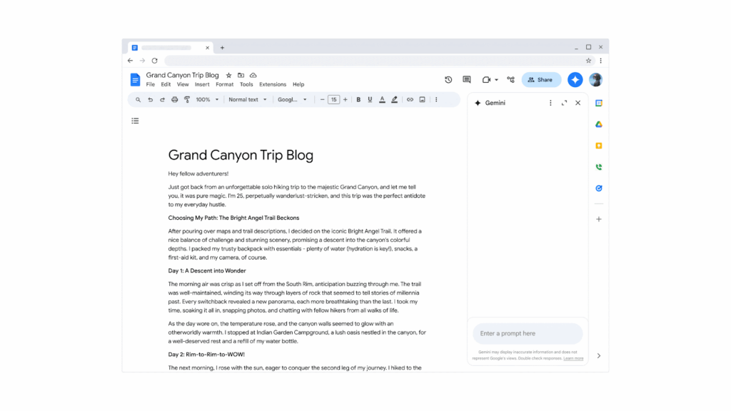 Gemini AI in Google Docs side panel via Google Workspace Updates