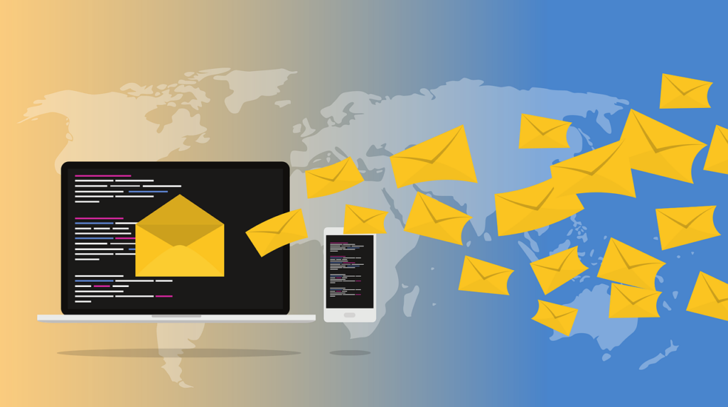 Image of envelopes (emails) flying from a computer screen into the unknown.