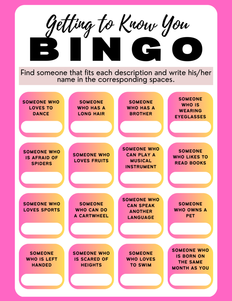 Image of a Human Bingo game that includes sample statements.