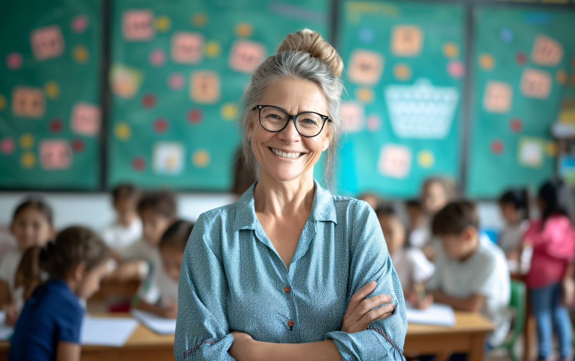 ai-generated-8663329_1280 A smiling teacher with glasses and gray hair stands confidently in a classroom with students working in the background.