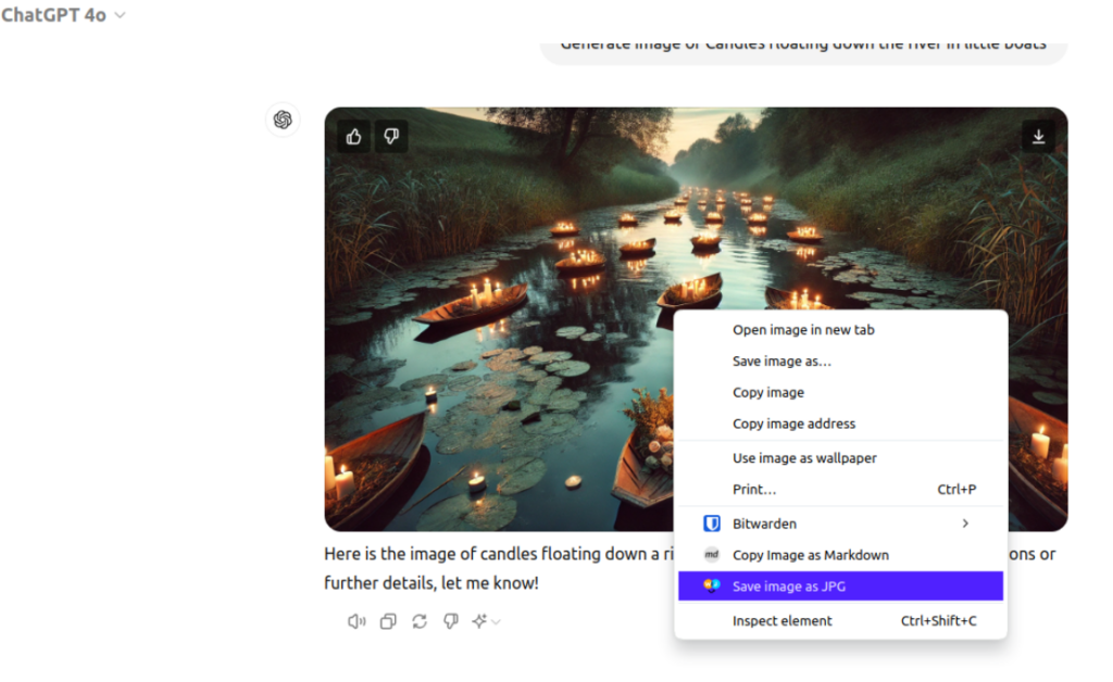 Screenshot by author of ChatGPT author-prompted image, candles floating in a river