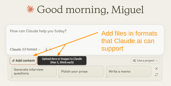 Screenshot by author of Claude.ai add files option