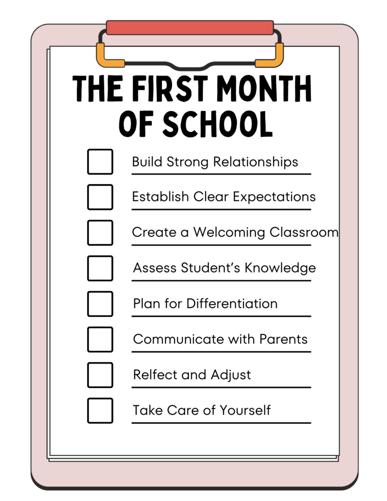 Image of a clip board that lists the 8 tips for the first month of school.