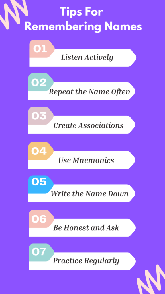 Image that lists 7 tips for remembering names.