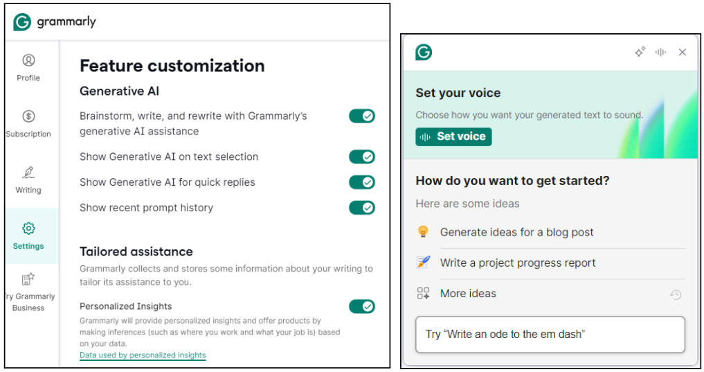  A screenshot of Grammarly's feature customization settings and a panel for setting voice and writing ideas using generative AI assistance