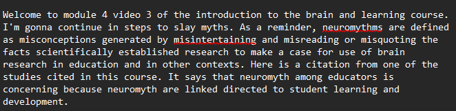 Portion of audio transcript from a TCEA online course on Brain-Based Learning