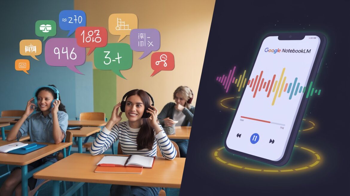 An engaging classroom scene with students wearing headphones, interacting with digital content, and a close-up view of a smartphone displaying an audio waveform on the screen.