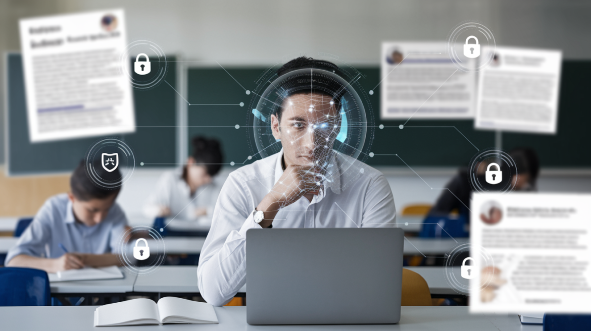 Idoegram – anonymizing student work blog post feature image A person working on a laptop in a classroom, surrounded by digital icons for security and privacy, while other students in the background are writing.