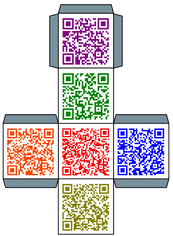 A cube template with six QR codes of different colors (purple, green, orange, red, blue, and yellow), designed to be folded into a 3D cube.