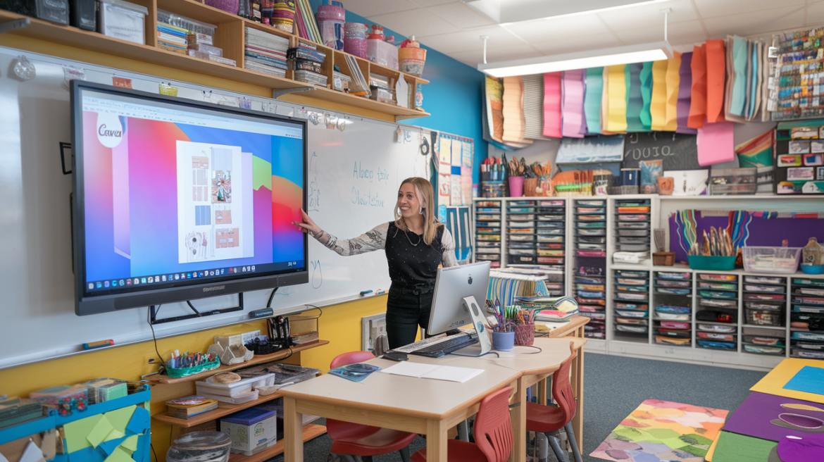 Ideogram teacher using Canva Collage of classroom scenes showing students collaborating on projects, with a teacher assisting a student, surrounded by decorative circles.