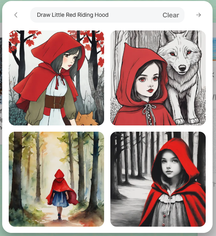 Images of Little Red Riding Hood from Padlet's "I Can't Draw" feature. 