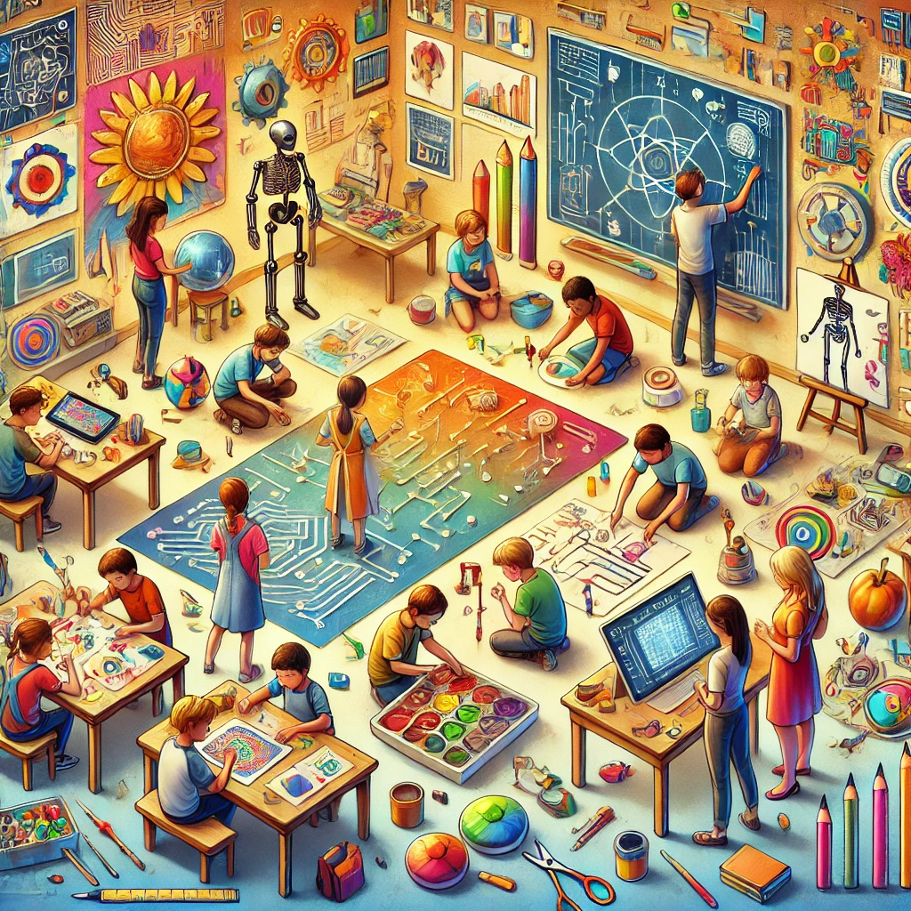 A vibrant classroom filled with young students engaged in hands-on STEAM activities, combining art, science, and technology. Children paint circuits, build models, and work with digital screens, while walls are adorned with colorful scientific diagrams and artwork.