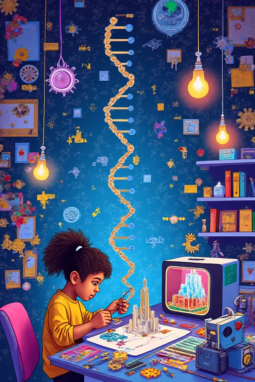 A young girl in a futuristic, creative workspace builds a miniature city using gears and circuits, surrounded by glowing light bulbs, floating mechanical parts, and a DNA helix spiraling into the sky.