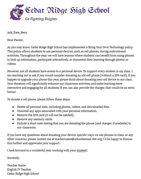 An example of a parent donation request letter from Cedar Ridge High School, requesting used cell phones for classroom use