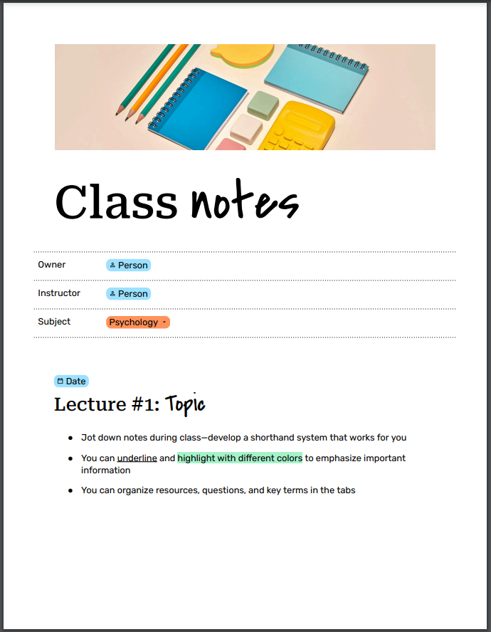 Image of the class notes template.