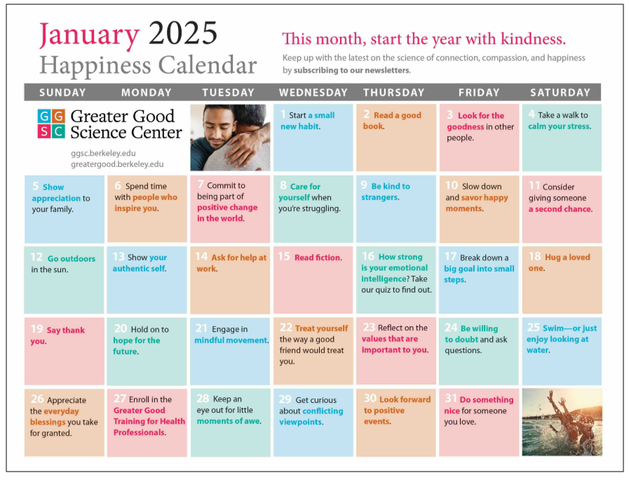 Screenshot of Greater Good's Happiness Calendar for January 2025