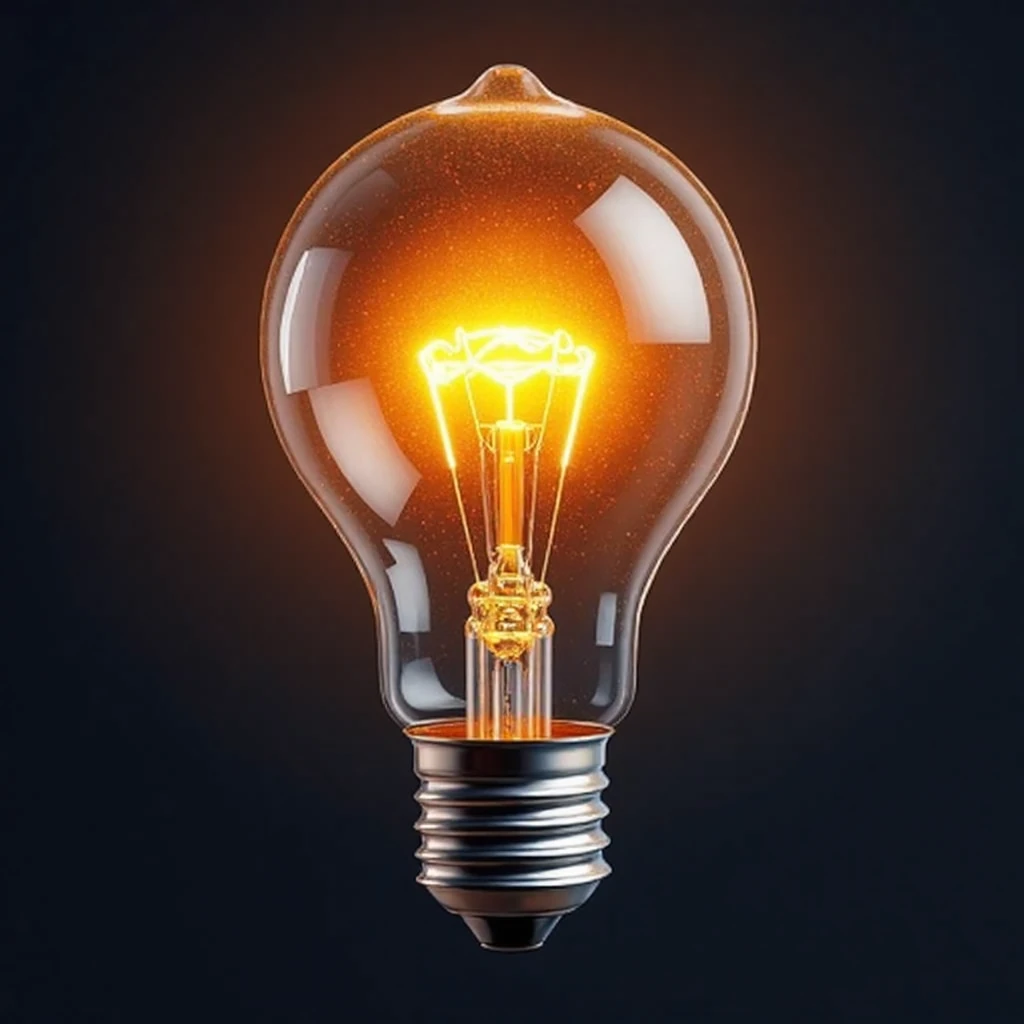 A glowing lightbulb with a bright filament, symbolizing creativity and innovation, against a dark background